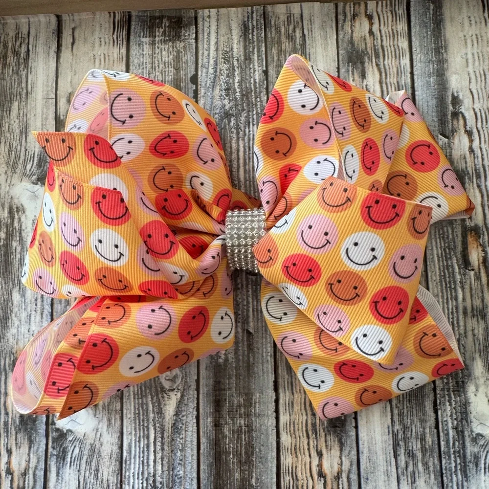 Smiley Face Kids Hair Bow - Orange and Pink